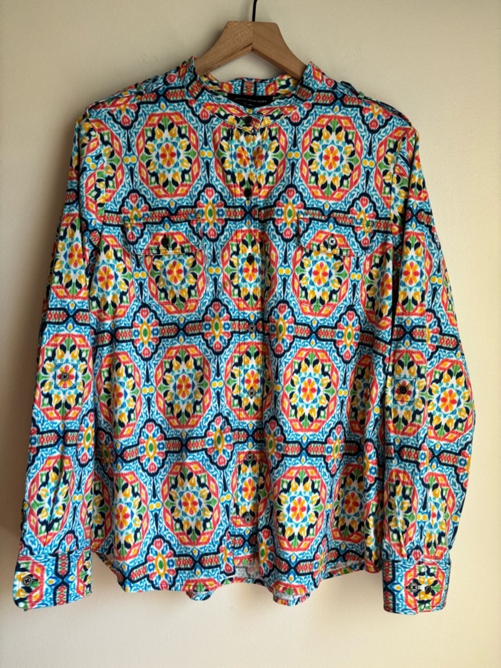 Jones New York XL Boho Mosaic Print Shirt Jacket Roll Tab Coastal Chic Artsy